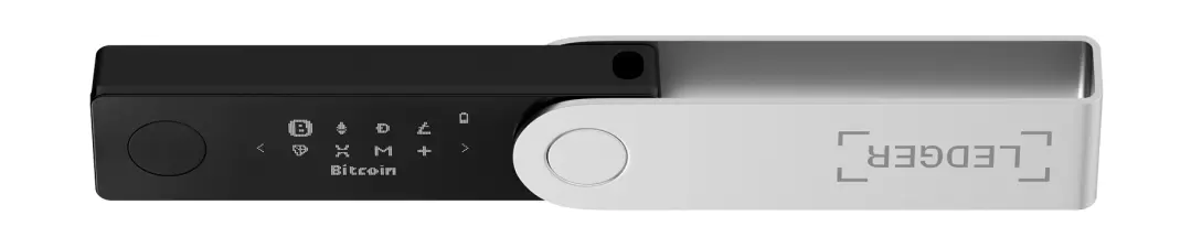 A close but full view of the Nano X wallet casing and display. It provides a great look at the upgraded 128x64 pixel OLED display, the brushed steel swivel and the device as a whole unit.