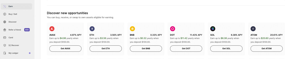 A view of the Ledger Live (now Ledger Wallet) desktop app open on the “Earn” tab. The screen highlights staking opportunities for AVAX, ETH, SOL, BNB etc. Each showing their APY rates and estimated yearly earnings, based on a $100 deposit. The buttons below each asset allow the user to get AVAX, ETH, SOL, BNB etc.