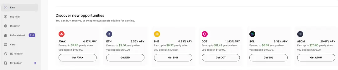 A view of the Ledger Live (now Ledger Wallet) desktop app open on the “Earn” tab. The screen highlights staking opportunities for AVAX, ETH, SOL, BNB etc. Each showing their APY rates and estimated yearly earnings, based on a $100 deposit. The buttons below each asset allow the user to get AVAX, ETH, SOL, BNB etc.