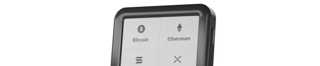 A close but cut off view of the Ledger Nano Gen5 wallet signer, display and body casing. It shows a great view at the 400x300 Monochrome E Ink® touchscreen, scratch-resistant glass and anti-glare coating.