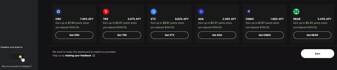 Another view of the Ledger Live Wallet desktop app open on the “Earn” tab. The screen displays staking opportunities for CRO, TRX, ADA, OSMO etc. Each showing their APY rates and estimated yearly earnings, based on a $100 deposit. The buttons below each asset allow the user to get CRO, TRX, ADA, NEAR etc.