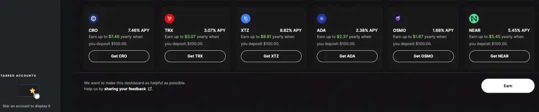 Another view of the Ledger Live Wallet desktop app open on the “Earn” tab. The screen displays staking opportunities for CRO, TRX, ADA, OSMO etc. Each showing their APY rates and estimated yearly earnings, based on a $100 deposit. The buttons below each asset allow the user to get CRO, TRX, ADA, NEAR etc.