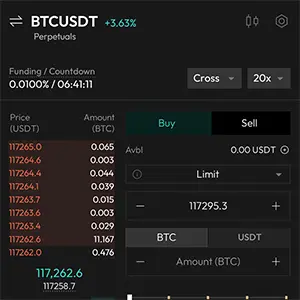 An image from the Aster DEX mobile app that displays the Perpetual trading screen.