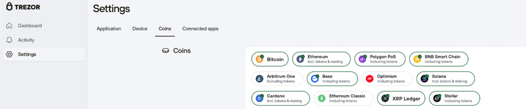 A view of the Trezor Suite desktop app showing the Coins section under Settings. The image displays cryptocurrencies such as; BTC, ETH, BNB, SOL, XRP etc.