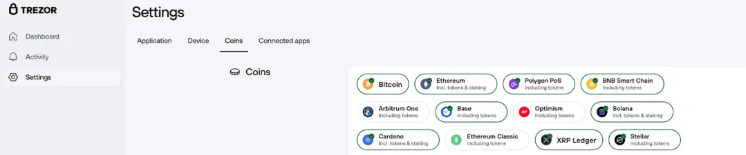 A view of the Trezor Suite desktop app showing the Coins section under Settings. The image displays cryptocurrencies such as; BTC, ETH, BNB, SOL, XRP etc.