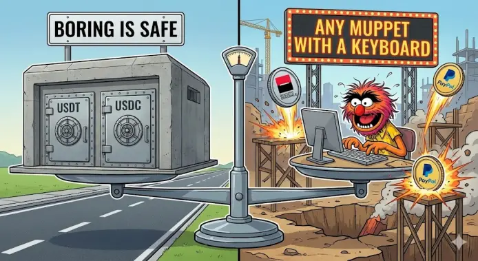 ou can park your cash in the boring, reinforced concrete bunker on the left with the big boys (USDT/USDC), or you can trust your savings to the chaotic muppet on the right just because he has a shiny new logo from a big bank. Choose wisely. Boring pays the rent; chaos burns it.