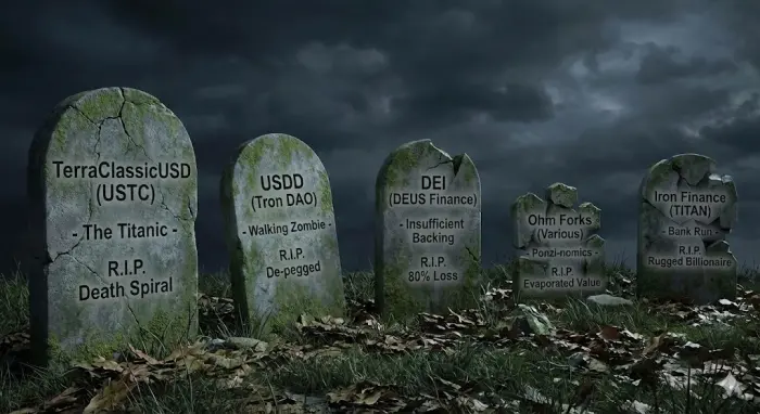 Fila de cinco lápidas en un cementerio oscuro para stablecoins algorítmicas fallidas: TerraClassicUSD (Death Spiral), USDD (De-pegged), DEI (Insufficient Backing), Ohm Forks (Ponzi-nomics), e Iron Finance (Bank Run).