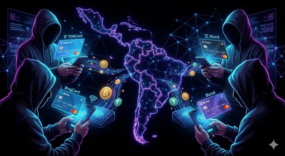Futuristic digital illustration showing logos of LATAM tax authorities (SUNAT, DIAN, SAT, AFIP) monitoring mobile crypto payments in a smart city environment