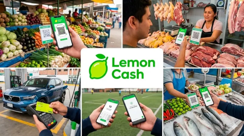 A collage illustrating real-world usage of the Lemon Cash card and app for daily payments across Latin America. Scenes include buying groceries at a market, paying at a butcher shop, fueling a car at a gas station, and splitting bills using QR codes, demonstrating the practical utility of stablecoins in the region.