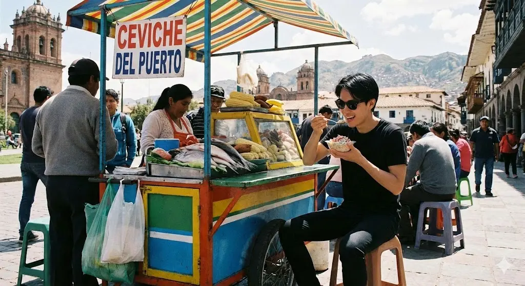 imagen that illustrates a young boy eating ceviche on the streets