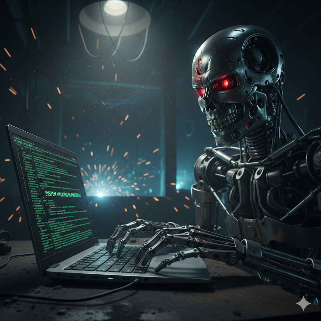 Terminator typing on a laptop