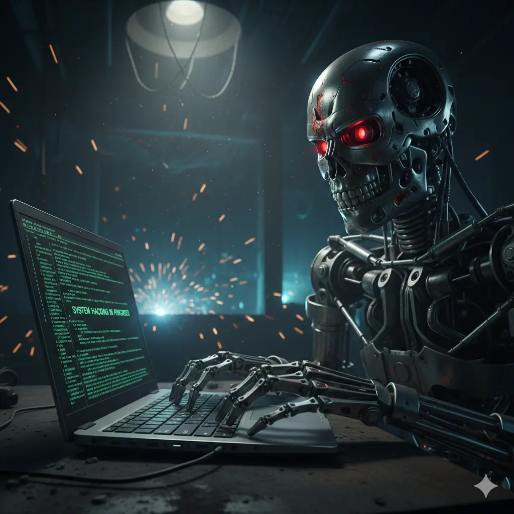 Terminator typing on a laptop