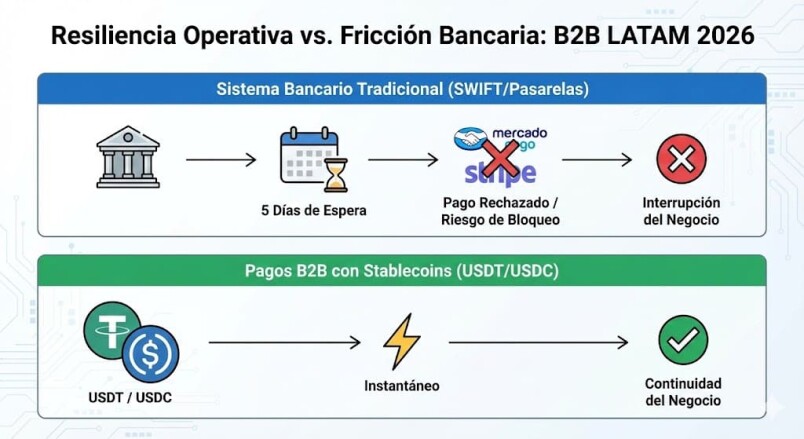 Diagrama de flujo que compara los bloqueos del sistema bancario tradicional (Mercado Pago, Stripe) frente a la velocidad y continuidad de negocio de los pagos B2B con stablecoins (USDT/USDC)