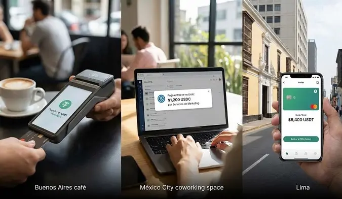 Collage fotográfico mostrando el uso cotidiano de stablecoins en América Latina en 2026: pago de café con tarjeta USDT, recepción de remesas en USDC por trabajo freelance, y gestión de ahorros digitales en un smartphone.