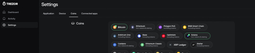 A look at the Coins menu within the Trezor Suite settings. This is where you can toggle native support for various cryptocurrencies on or off, including; Bitcoin (BTC), Ethereum (ETH), Solana (SOL), Cardano (ADA), and XRP. Helping to ensure only the assets you actually use appear in your sidebar.
