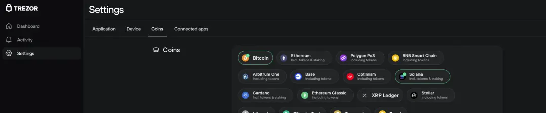 A look at the Coins menu within the Trezor Suite settings. This is where you can toggle native support for various cryptocurrencies on or off, including; Bitcoin (BTC), Ethereum (ETH), Solana (SOL), Cardano (ADA), and XRP. Helping to ensure only the assets you actually use appear in your sidebar.