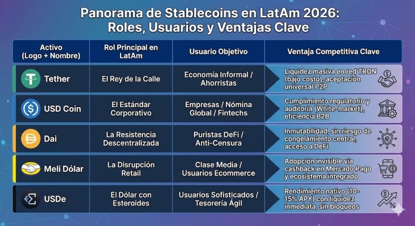 Infografía en tabla que compara las 5 stablecoins líderes en Latinoamérica en 2026: USDT (Liquidez de calle), USDC (Nómina institucional), Meli Dólar (Retail masivo), USDe (Rendimiento sintético) y DAI (Resistencia descentralizada). Detalla perfiles de usuario, funciones económicas y ventajas competitivas como la red TRON y el cumplimiento de Circle.