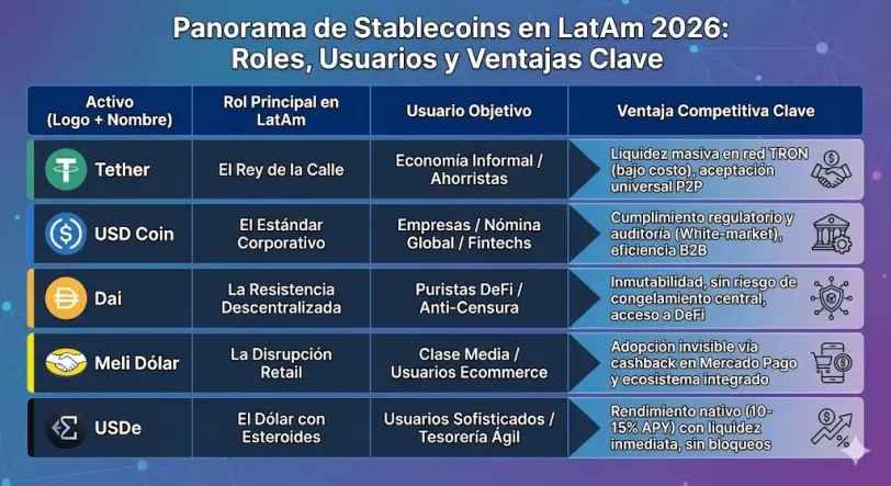 Infografía en tabla que compara las 5 stablecoins líderes en Latinoamérica en 2026: USDT (Liquidez de calle), USDC (Nómina institucional), Meli Dólar (Retail masivo), USDe (Rendimiento sintético) y DAI (Resistencia descentralizada). Detalla perfiles de usuario, funciones económicas y ventajas competitivas como la red TRON y el cumplimiento de Circle.