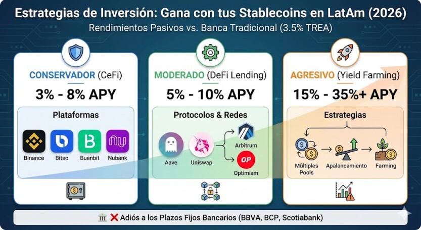 Infografía comparativa de rendimientos para stablecoins en Latinoamérica 2026. Muestra tres perfiles de inversión: Conservador (CeFi 3-8%), Moderado (DeFi 5-10%) y Agresivo (Yield Farming 15-35%) frente a las tasas bajas de la banca tradicional (BBVA, BCP, Scotiabank).