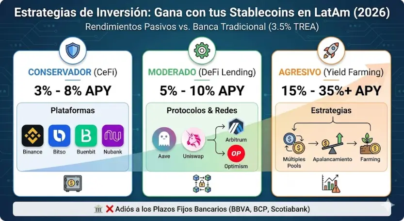 Infografía comparativa de rendimientos para stablecoins en Latinoamérica 2026. Muestra tres perfiles de inversión: Conservador (CeFi 3-8%), Moderado (DeFi 5-10%) y Agresivo (Yield Farming 15-35%) frente a las tasas bajas de la banca tradicional (BBVA, BCP, Scotiabank).