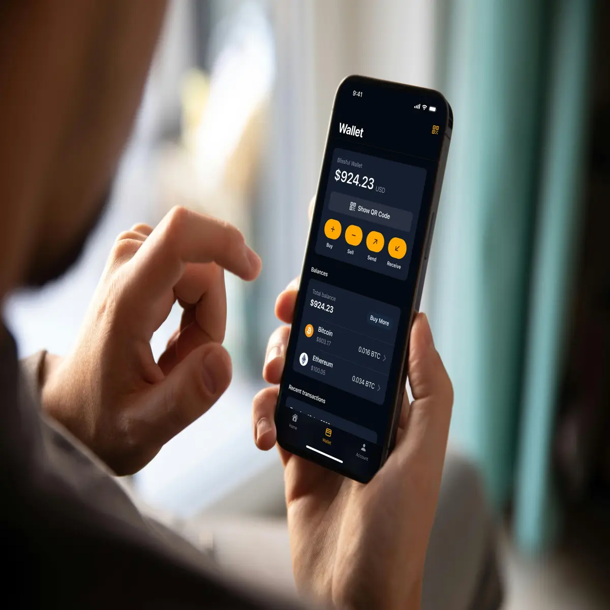 A beginner using a mobile wallet with crypto icons around.