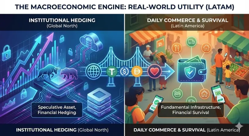 Infographic illustrating the contrast in stablecoin usage. The left panel shows