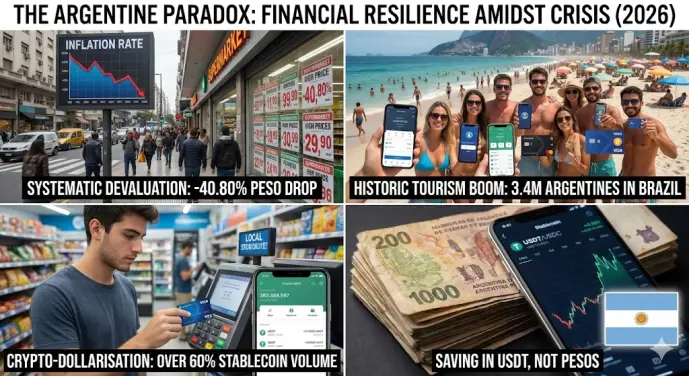 A realistic collage representing financial resilience in Argentina, featuring the national flag, a digital display showing inflation rates exceeding 200%, and a person using a crypto-linked debit card for international travel. The image highlights how stablecoins in Argentina, such as USDT and USDC, serve as a
