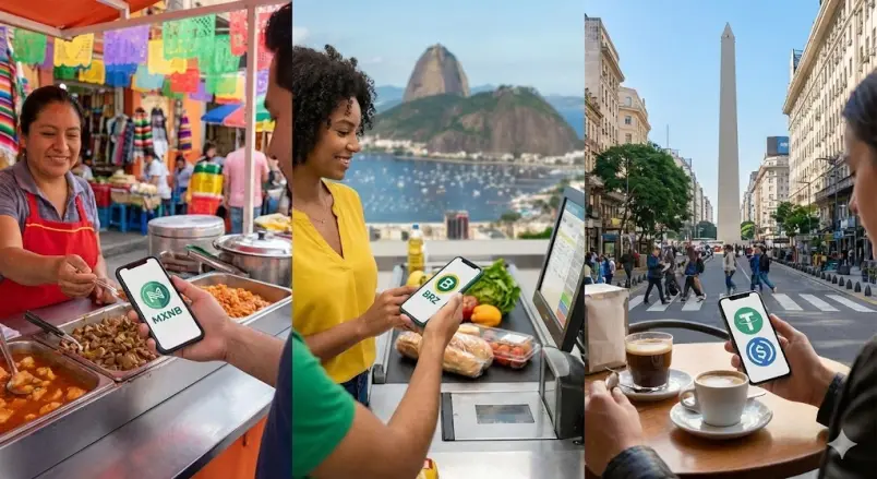 A high-quality three-panel collage illustrating the adoption of local-currency stablecoins in Latin America. The Brazil panel shows an entrepreneur using BRZ and BRL1 integrated with Pix. The Mexico panel features a business owner utilizing MXNB and MXNe for SPEI-linked B2B payments. The Argentina panel depicts a professional using wARS and ARGt for daily transactions to hedge against inflation.