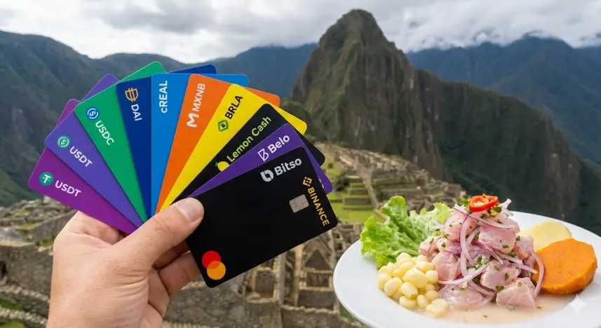 A hand holding a fan of 8 to 10 vibrant, colorful crypto cards against the backdrop of Machu Picchu and a plate of Peruvian ceviche. This image represents the massive diversity and real-world utility of stablecoins in Latin America, where digital assets blend with local culture and daily commerce.