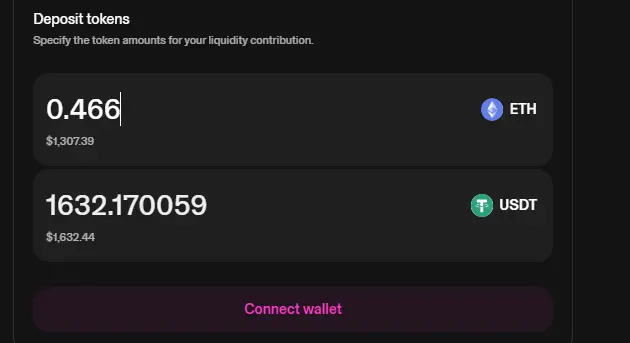 Uniswap deposit interface showing the specific ratio of 0.466 ETH and 1632 USDT required to setup a concentrated liquidity position.