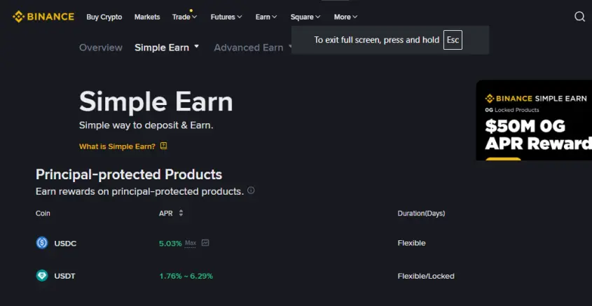 Binance Simple Earn interface displaying standard APR rates for USDT and USDC compared to high yield farming returns.