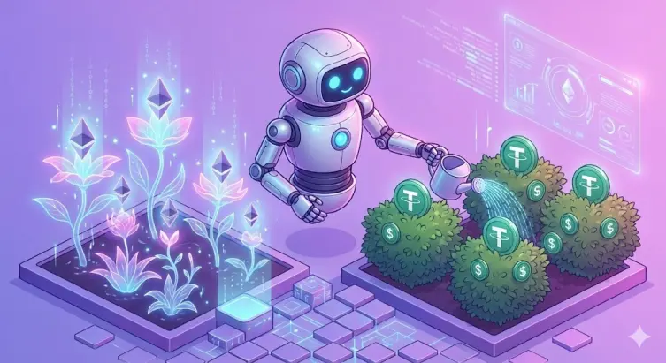 Futuristic illustration depicting yield farming, where an automated robot gardener waters glowing Ethereum (ETH) plants and Tether (USDT) coin bushes in a digital liquidity pool.