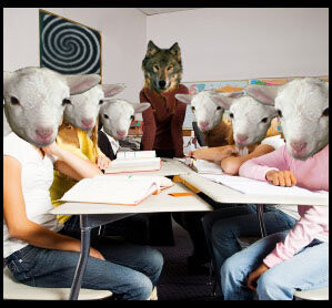image of wolf teacher and pupils as sheep
