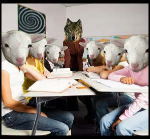 image of wolf teacher and pupils as sheep
