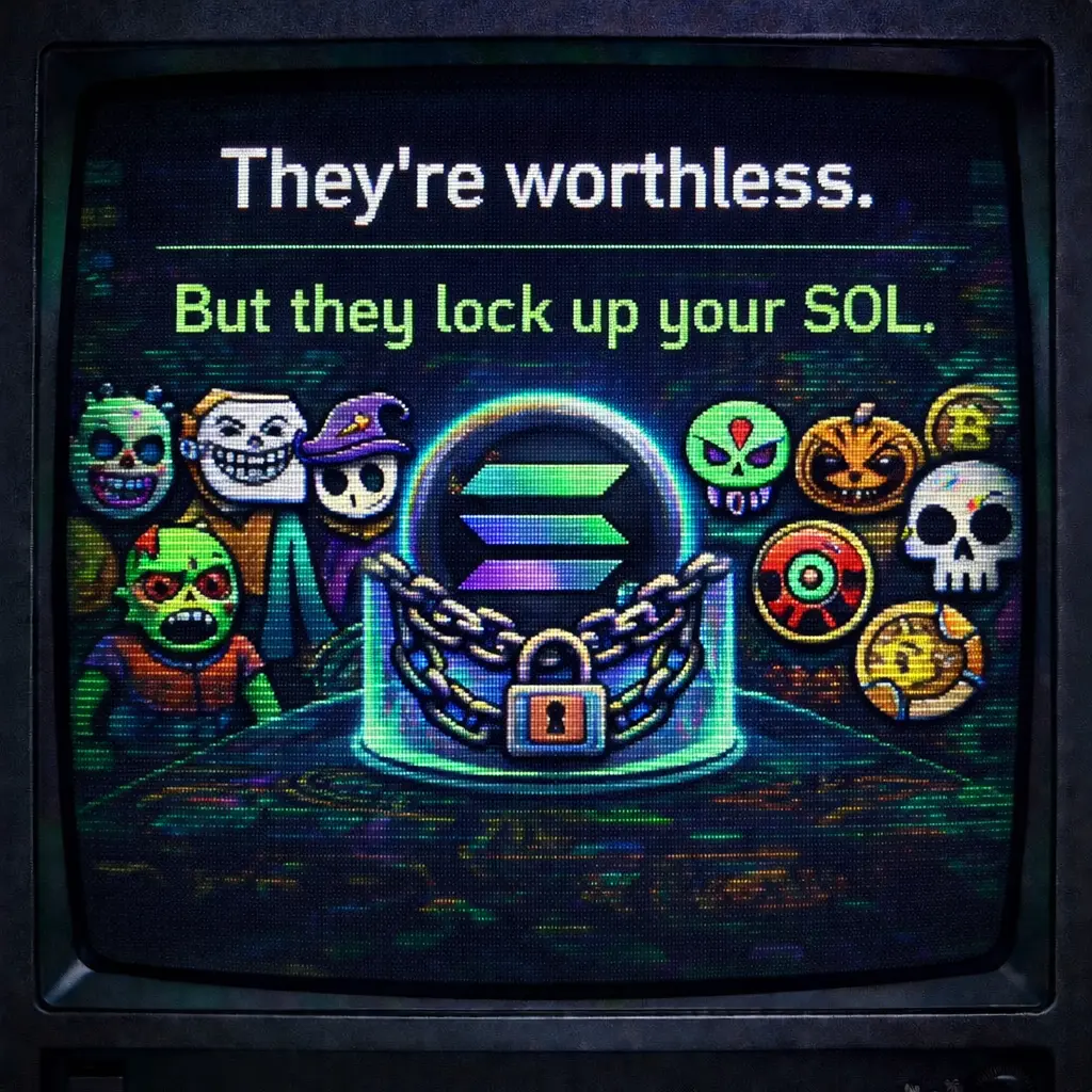 Visual explanation of worthless Solana tokens that still lock up SOL rent inside wallet token accounts