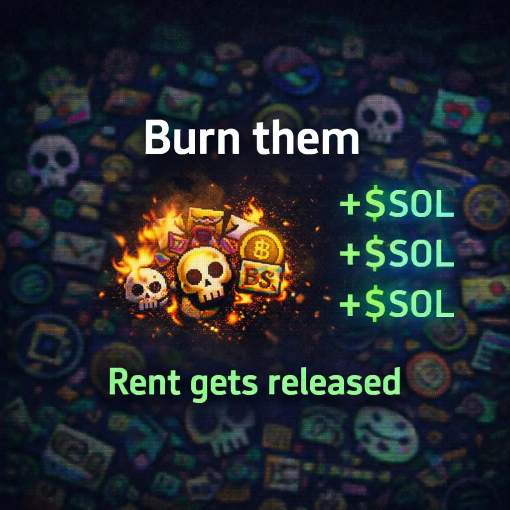 Pixel art depiction of burning spam tokens on Solana to release locked SOL rent from unused token accounts