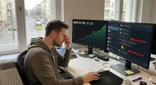 Stressed Web3 founder in Berlin office looking at two monitors: one showing high TVL growth and the other showing angry Telegram community messages demanding crypto off-ramp utility.