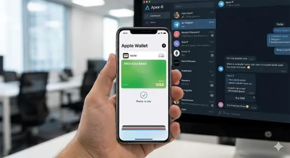Hand holding an iPhone displaying a generic green third-party debit card in Apple Wallet, illustrating the brand dilution problem for Web3 projects that don't use white-label infrastructure.