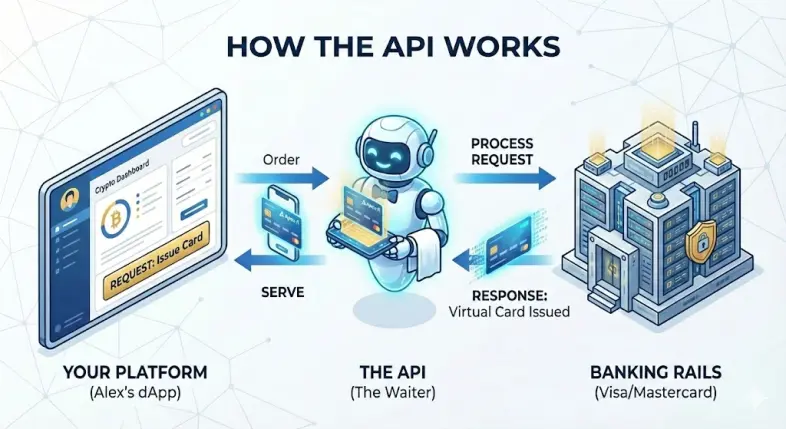 Infographic illustrating the White Label Card API process as a waiter: taking requests from a crypto dApp dashboard, processing them with Banking Rails, and serving a virtual Visa card directly to a smartphone screen.