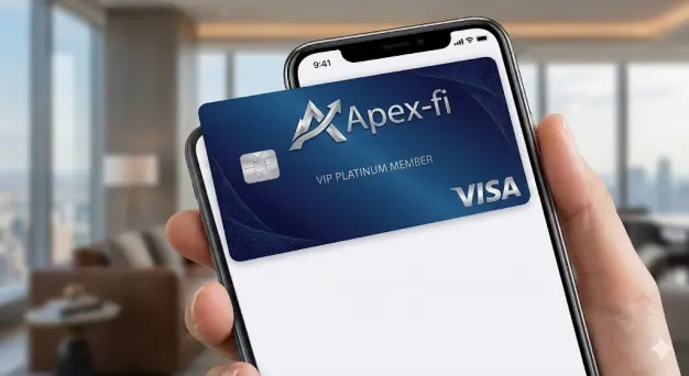 Close-up of a smartphone displaying a premium 'Apex-fi' branded blue platinum virtual Visa card, illustrating the UI customization possible with white-label crypto card infrastructure.