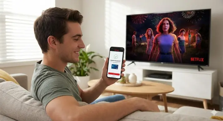 User successfully paying for a Netflix subscription instantly using a crypto virtual card on a smartphone, demonstrating seamless crypto-to-fiat off-ramp utility.