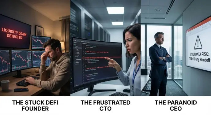 Collage showing three crypto professionals facing infrastructure bottlenecks: a DeFi founder stressing over liquidity drain, a CTO struggling with generic API integration, and a CEO worried about third-party user data risks.