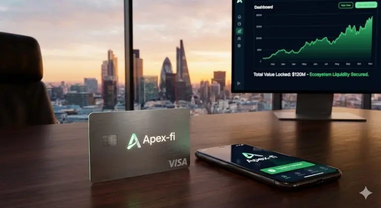 Premium 'Apex-fi' branded metal white-label crypto card on an executive desk next to a mobile banking app, with a background dashboard showing $120M TVL growth, illustrating the success of owning crypto payment rails.