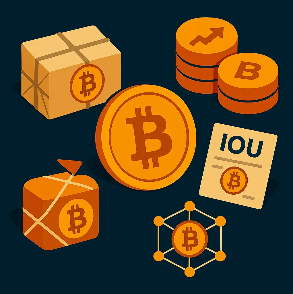 Illustration showing real BTC surrounded by fragile synthetic representations like wrapped tokens and IOUs