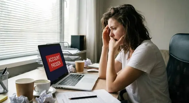 A stressed Web3 founder, Elena Vance, staring in disbelief at a laptop screen displaying
