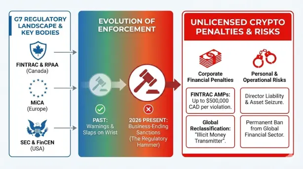 Infographic illustrating the severe unlicensed crypto exchange penalties in 2026, showing the shift from warnings to fines up to $500k under FINTRAC, MiCA, and SEC regulations.