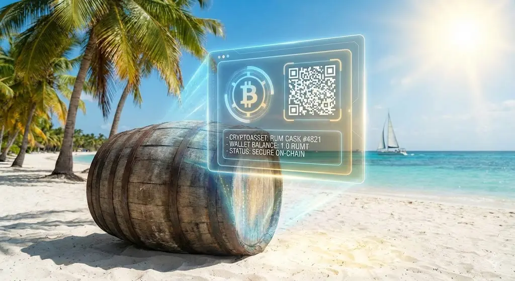 Tokenized rum barrel on the beach.