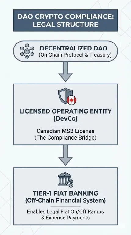 Diagram illustrating DAO crypto compliance, showing how a decentralized protocol must connect to a licensed centralized Operating Entity (DevCo) to secure Tier-1 fiat banking.