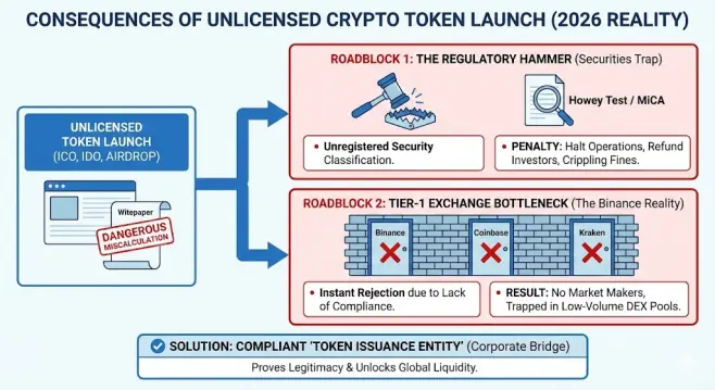 Infographic answering what happens if I launch a crypto token without a license, detailing the two massive roadblocks in 2026: the SEC regulatory hammer and the Tier-1 exchange bottleneck from Binance.