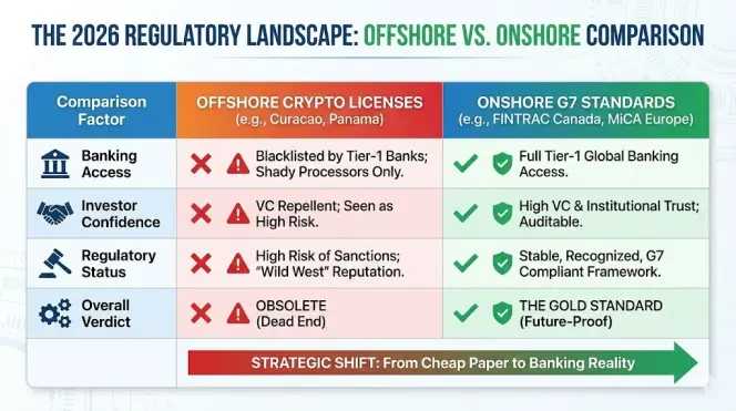 Comparison chart showing the 2026 regulatory landscape of offshore versus onshore crypto licenses, highlighting why Canadian FINTRAC and European MiCA provide Tier-1 banking access while Curacao and Panama are blacklisted.